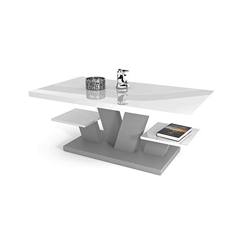 Mesa de centro para sala de estar blanca y gris con dos estantes, elegante y moderna mesa de centro blanca con tapa de alto brillo para té y café.