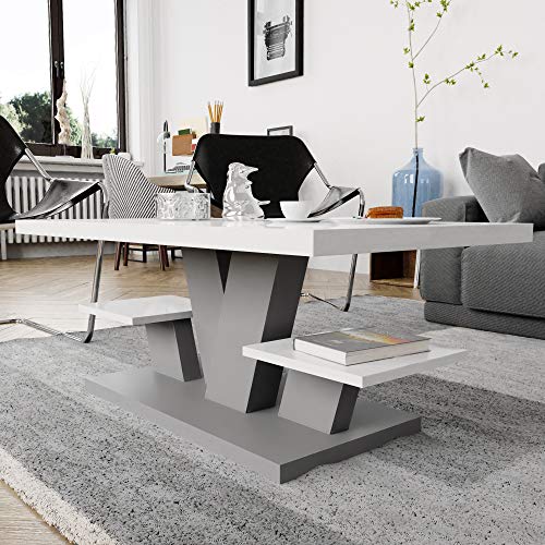 Mesa de centro para sala de estar blanca y gris con dos estantes, elegante y moderna mesa de centro blanca con tapa de alto brillo para té y café.