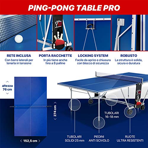 Mesa plegable interior de ping pong YM DRAGO - Dimensiones oficiales del torneo 274 x 152.5 x 76 cm - Ruta de transporte - Raquetas y pelotas incluidas - Sistema de seguridad múltiple doble