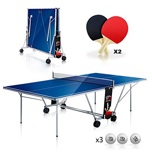 Mesa plegable interior de ping pong YM DRAGO - Dimensiones oficiales del torneo 274 x 152.5 x 76 cm - Ruta de transporte - Raquetas y pelotas incluidas - Sistema de seguridad múltiple doble