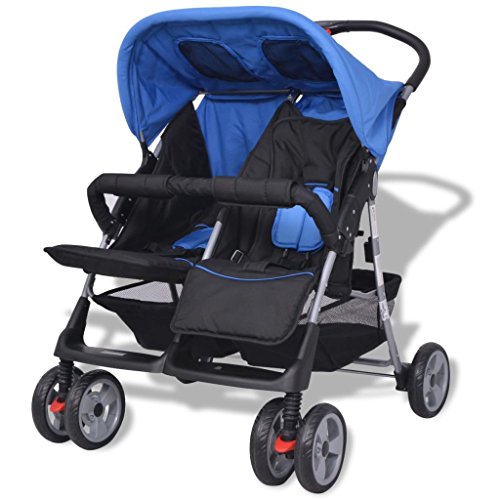 mewmewcat Plegable Silla gemelar para Gemelos y Hermanos Carrito Gemelar Silla de Paseo Cochecito de Bebé Capacidad de Peso 15kg Cada Uno Acero y Tela Oxford Azul y Negro 93x68x103cm