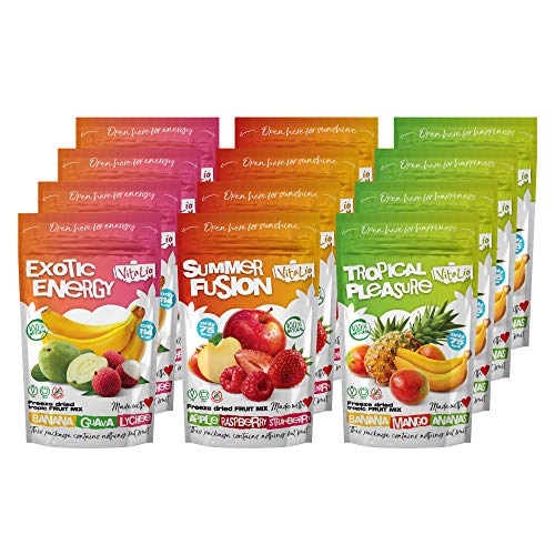 Mezcla de frutas secas de VitaLio - 4 x Summer Fusion, 4 x Tropical Pleasure, 4 x Exotic Energy - Snack de frutas liofilizadas - Sin aditivos - Rico en nutrientes y vitaminas (12x20g)