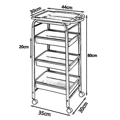 MHBGX Carro, Vehículos de Reciclaje, 4 Cajones Peluquería Salón de Belleza Maquillaje de la Compra Carro de Peluquería Coches de Herramientas con Bandeja Ruedas, 35 X 30 X 80 cm,Plata