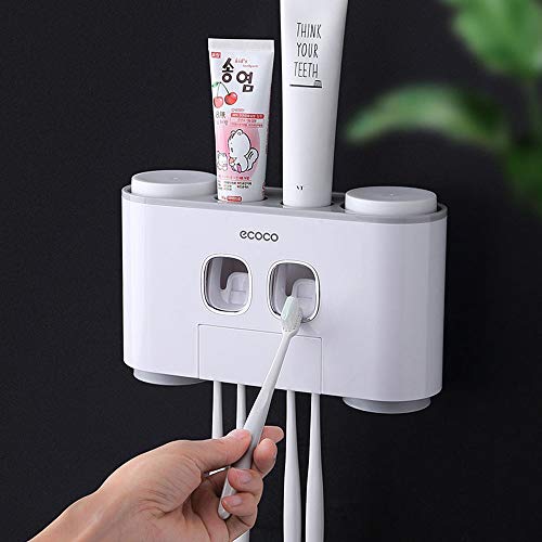 MHTECH Automático Dispensador de Pasta de Dientes y Conjunto de Portacepillos de Dientes con Montaje en la Pared, 2 exprimidores de Pasta de Dientes y 4 Tazas