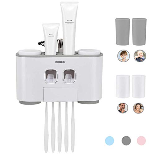 MHTECH Automático Dispensador de Pasta de Dientes y Conjunto de Portacepillos de Dientes con Montaje en la Pared, 2 exprimidores de Pasta de Dientes y 4 Tazas