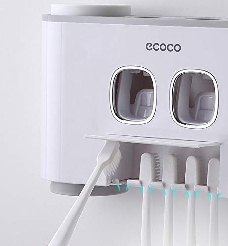 MHTECH Automático Dispensador de Pasta de Dientes y Conjunto de Portacepillos de Dientes con Montaje en la Pared, 2 exprimidores de Pasta de Dientes y 4 Tazas