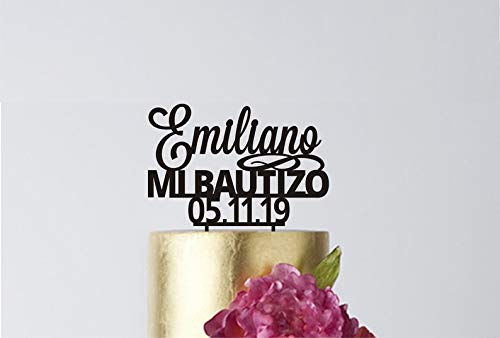 MI Bautizo - Decoración para tarta de primera comunión, centro de mesa, bautizo con diseño de cruz para niño o niña, color dorado, plateado, negro, blanco y espejo