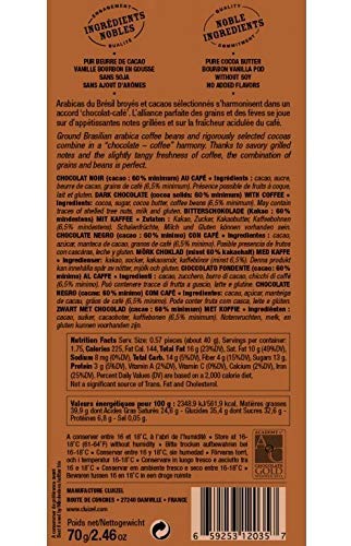 Michel Cluizel - Barra de café (chocolate oscuro, cacao, 60% puro, manteca de cacao, vainilla, bourbon, sin soja y aromas, 4 x 70 gramos)