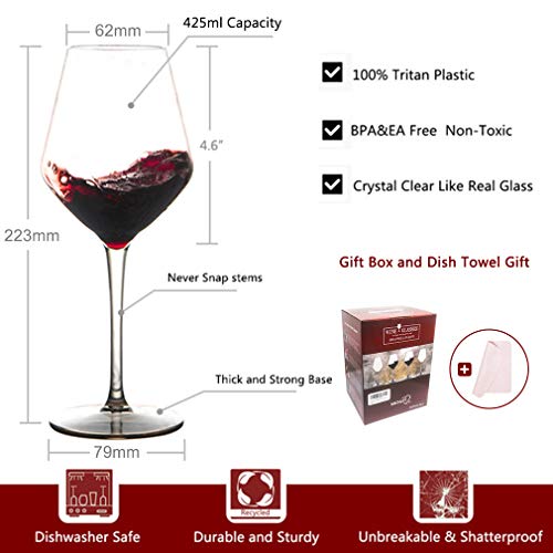 MICHLEY Irrompible Copas de Vino Tinto, 100% Tritan-plástico Copas Vino Cristal, 425 ML BPA y EA Gratis Vaso de Vino