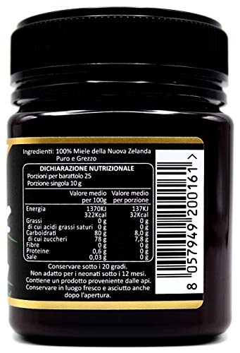 Miel de Manuka 100+ MGO 250g. Producida en Nueva Zelanda, activa y cruda, 100% pura y natural. Metilglioxial Probado por laboratorios acreditados. NATURALEPIÙ