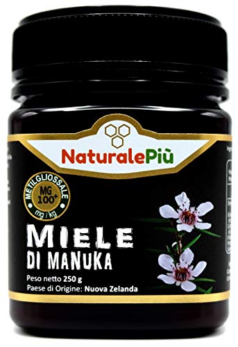 Miel de Manuka 100+ MGO 250g. Producida en Nueva Zelanda, activa y cruda, 100% pura y natural. Metilglioxial Probado por laboratorios acreditados. NATURALEPIÙ