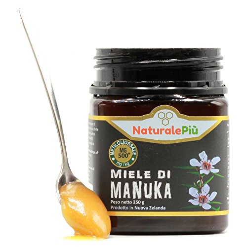 Miel de Manuka 500+ MGO 250g. Producida en Nueva Zelanda, activa y cruda, 100% pura y natural. Metilglioxial probado por laboratorios acreditados. NATURALEPIÙ