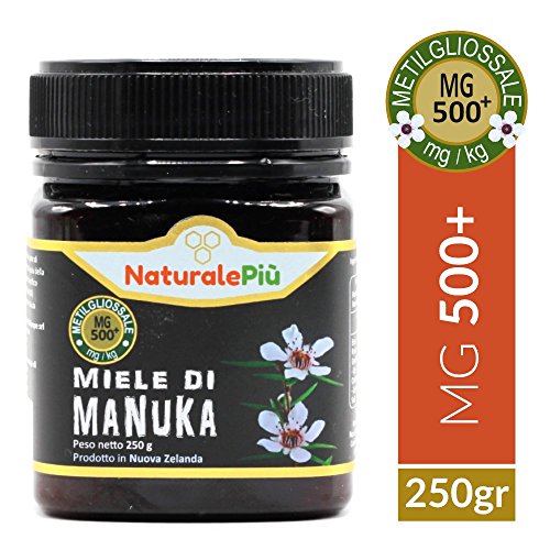 Miel de Manuka 500+ MGO 250g. Producida en Nueva Zelanda, activa y cruda, 100% pura y natural. Metilglioxial probado por laboratorios acreditados. NATURALEPIÙ