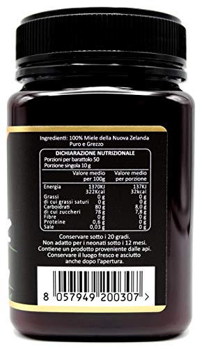 Miel de Manuka 800+ MGO 500g. Producida en Nueva Zelanda, activa y cruda, 100% pura y natural. Metilglioxial probado por laboratorios acreditados. NaturalePiù