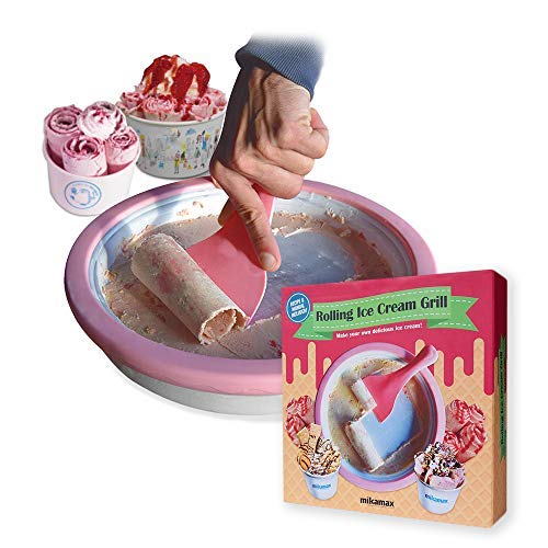 Mikamax – Rolling Ice Cream Grill - Parrilla Rodante de Helado - Plancha para hacer helados – rosa - Ø30 x 6,5 cm - Con Recetas de helados – Rollos de Helado