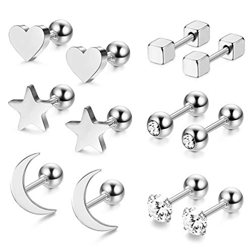 Milacolato 6 pares de pendientes de bola de acero inoxidable para hombres mujeres CZ cartílago Helix Ear Piercing