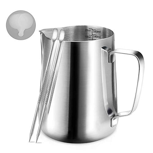 Milk Jug, Jarra de Leche 20oz.Jarra de leche de acero inoxidable, Jarra de Leche de Acero Inoxidable de la Leche para Espumar Durante Capuchino y Café con Leche, con marcas de medición