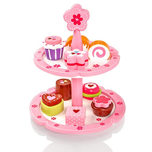 Milly & Ted - Soporte para Cupcakes de Madera y Juego de 9 tortas - Juguete para niños de Wood Playfood - Los niños pretenden Jugar Comida