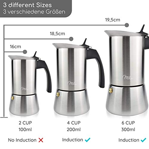 Milu Cafetera Italiana inducción| 2, 4, 6 Tazas| Cafetera Moka de Acero Inox, Expresso Maker - Set comprensivo di sottobicchiere, cucchiaio, spazzola (4 tazze da 200 ml)