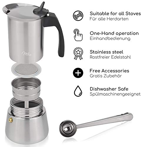 Milu Cafetera Italiana inducción| 2, 4, 6 Tazas| Cafetera Moka de Acero Inox, Expresso Maker - Set comprensivo di sottobicchiere, cucchiaio, spazzola (4 tazze da 200 ml)