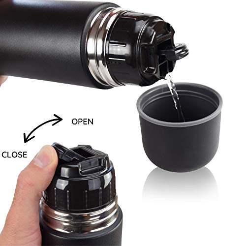 Milu Termo de café 500ml, 750ml, 1l - Botella térmica aislada, Frasco de Vacío de Acero Inoxidable, Sin BPA - Doble Pared Aislamiento al Vacio - 100% a prueba de fugas (Negro, 1000 ml)