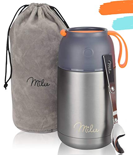 Milu Termo Para Comida 450ml & 650ml - Botella Aislada de Acero Inoxidable Aislada para Alimentos, Beber y sopa de los niños y las comidas de adultos (Gris/Naranja 650ml)