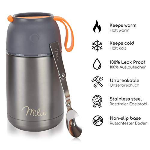 Milu Termo Para Comida 450ml & 650ml - Botella Aislada de Acero Inoxidable Aislada para Alimentos, Beber y sopa de los niños y las comidas de adultos (Gris/Naranja 650ml)