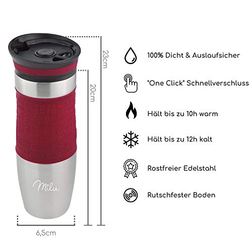 Milu Termo Taza 370ml, 450ml - Vaso Termico de Viaje - Café para Llevar - Taza de Viaje - Taza de acero inoxidable para beber - con aislamiento de doble pared (450ml, Rojo)