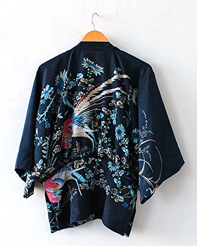 Minetom Mujer Primavera Otoño Elegante Manga Larga Quimono Kimono Casual Retro Phoenix Impresión Chaqueta Abrigo Corto Cárdigan Outerwear Azul ES 44