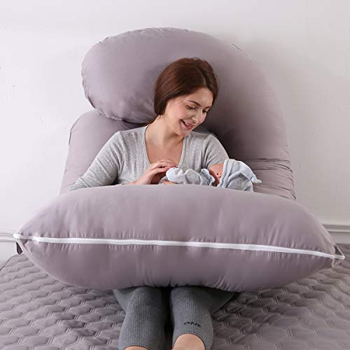 Mingfuxin Almohada de embarazo, con forma de J, con funda de terciopelo 100% algodón lavable para espalda de mujeres embarazadas, caderas, piernas, dormir y alimentar