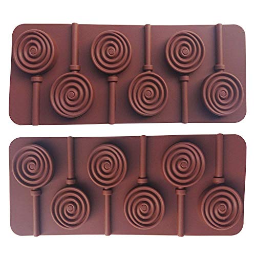 MINGZE 2 piezas molde de piruleta de silicona con 6 agujeros, rayos de cubo de hielo, molde de silicona DIY moldes de chocolate redondos y barra de plástico 12 piezas