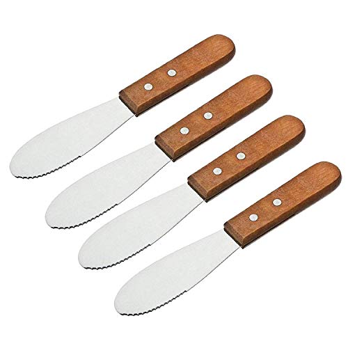 MINGZE 4 piezas acero inoxidable borde recto amplio separador mantequilla, Cuchillo sándwich crema de queso condimento cuchillos conjunto herramientas cocina, mango de madera, 21 * 3 * 1 cm