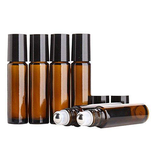 MINGZE 8 piezas 10ml Botellas de vidrio ámbar con bola de metal de acero inoxidable, Botella de aceite esencial Roll-on para aceite esencial, Botella de bola de rodillo para líquido