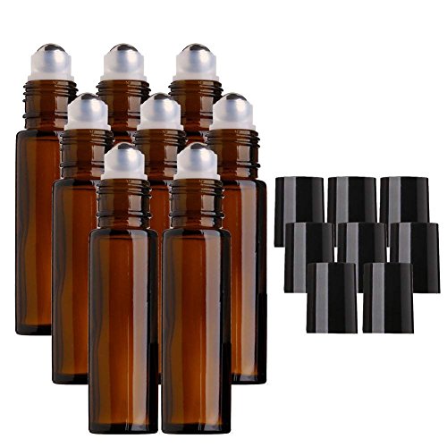 MINGZE 8 piezas 10ml Botellas de vidrio ámbar con bola de metal de acero inoxidable, Botella de aceite esencial Roll-on para aceite esencial, Botella de bola de rodillo para líquido