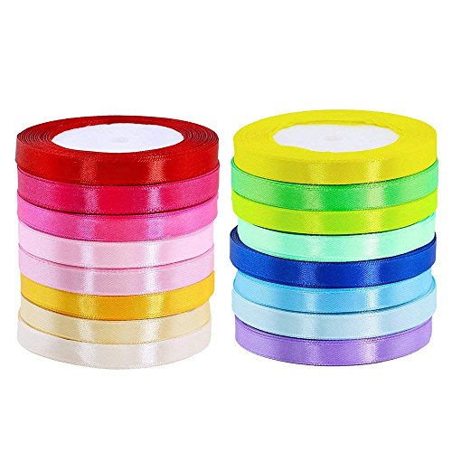 MINGZE Cintas de raso de 365 m, Cinta de Tela, 16 rollos de satén de seda, Cinta de tela de 1 cm de ancho, 16 colores Embellecen la cinta de la cinta para arcos Regalos de artesanía Boda fiesta