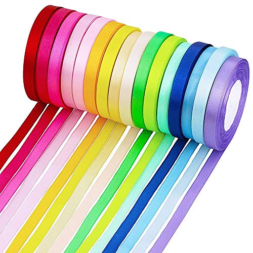 MINGZE Cintas de raso de 365 m, Cinta de Tela, 16 rollos de satén de seda, Cinta de tela de 1 cm de ancho, 16 colores Embellecen la cinta de la cinta para arcos Regalos de artesanía Boda fiesta