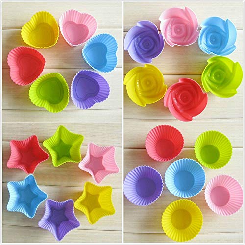 MINGZE Forros de silicona para cupcakes de 24 piezas, moldes para muffins para pastelería, antiadherentes y reutilizables, Moldes de horneado, 4 formas redondas estrellas corazón flores