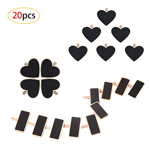 Mini Clip,Pizarra Clip,Pinza de Madera,Carpeta de Fotos,Forma de Corazón y Forma Cuadrada, Mini Pizarra con Clips, Clavijas, Decoración para el Hogar/boda/fiesta (20 Piezas)