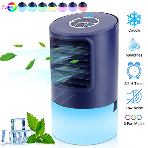 Mini Enfriador de Aire, Mini Acondicionador de Aire Móvil, 4 en 1 Climatizadores Evaporativos con Función de Humidificación, 2 Temporizadores/3 Niveles de Potencia/7 Colores Luz, Perfecto Regalo