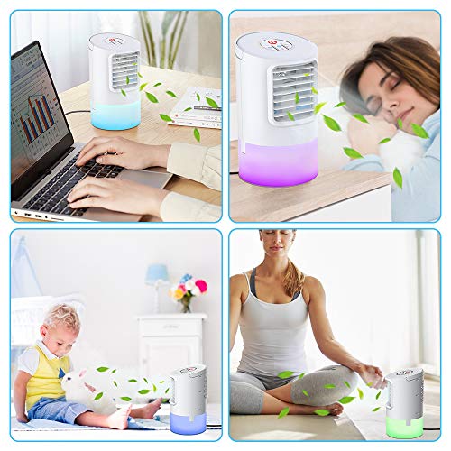 Mini Enfriador de Aire, Mini Acondicionador de Aire Móvil, 4 en 1 Enfriador de Aire con Función de Humidificación, 2 Temporizadores/3 Niveles de Potencia/7 Colores Luz, Perfecto para Trabajo y Hogar