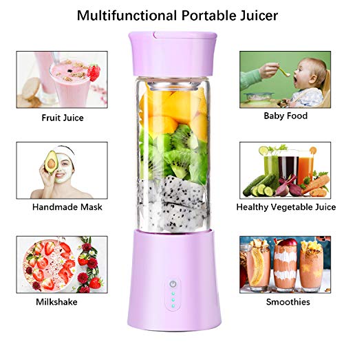 Mini Exprimidor Eléctrico Zumo Portátil, Extractor de Jugos para Frutas y Verduras, 380ml Batidora Vaso Taza, USB Recargable Botella Licuadora Pequeña para Comida Bebé Leche Smoothies Púrpura