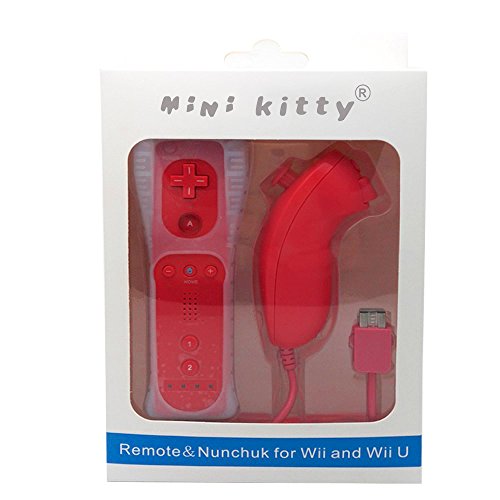 mini kitty 2 en 1 Mando Plus con Motion Plus y Nunchunk para Nintendo Wii + Funda de Silicona - Rojo