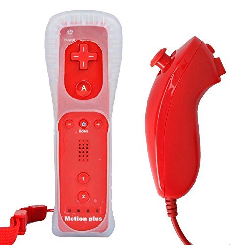 mini kitty 2 en 1 Mando Plus con Motion Plus y Nunchunk para Nintendo Wii + Funda de Silicona - Rojo