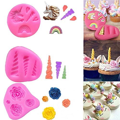 Mini Molde de Silicona de Unicornio, Cuerno de Orejas de Unicornio,moldes de Chocolate Fondant de Cupcake Toppers para la Fiesta temática de Unicornio y cumpleaños de niños (Juego de 4)
