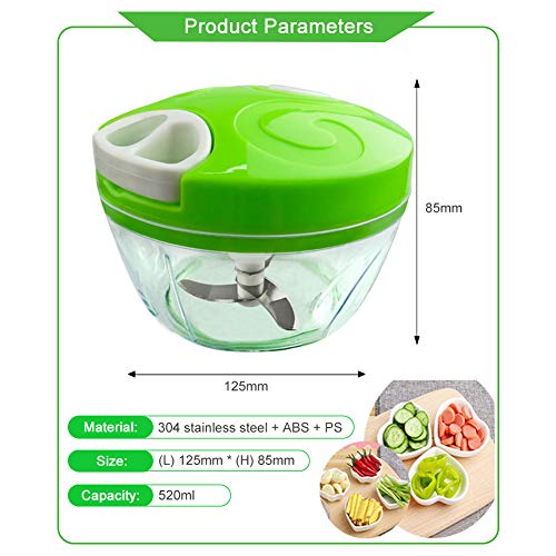 Mini picadora de alimentos, picadora manual de verduras de 520 ml con 3 cuchillas de acero inoxidable, cortadora de verduras/cortadora de ajo para picar frutas frutas secas hierbas cebolla carne