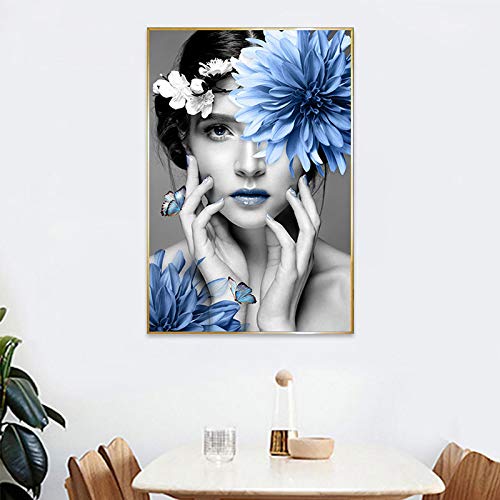 Minimalista Belleza Azul Flor Mujeres Lienzo Pintura Arte Impresión Pared Imagen Decoración del hogar Sala de estar Sin marco