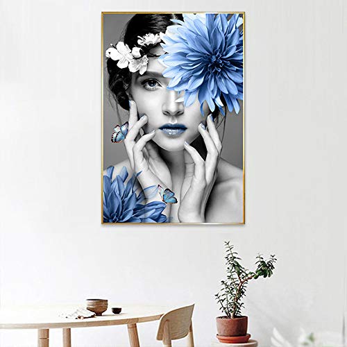 Minimalista Belleza Azul Flor Mujeres Lienzo Pintura Arte Impresión Pared Imagen Decoración del hogar Sala de estar Sin marco