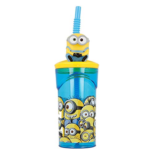 Minions, Gru Mi Villano Favorito Vaso plastico con figurita 3D, Tapa y Pajita 350ml (STOR 76166), Amarillo, 23 x 7.5 x 7.5 cm