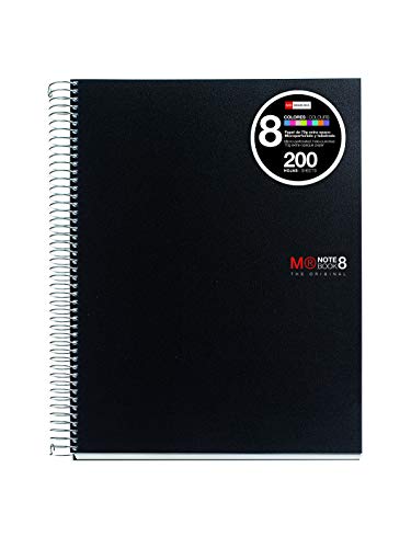 Miquelrius 42006 - Cuaderno A4, 200 hojas (franjas de 8 colores), cuadrícula 5 mm, tapa de polipropileno color negro