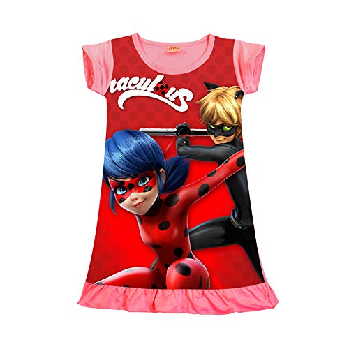 Miraculous Ladybug Vestido Vestido de impresión Popular Vestido Informal de Manga Corta con Escote Redondo Camiseta de Manga Corta niña (Color : Rosy, Size : 130)